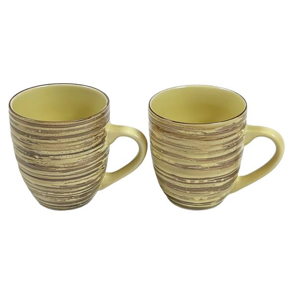 2 Thomson Pottery BIRCH Mugs Textured Striped Farmhouse Rustic Yellow Brown - Picture 2 of 12